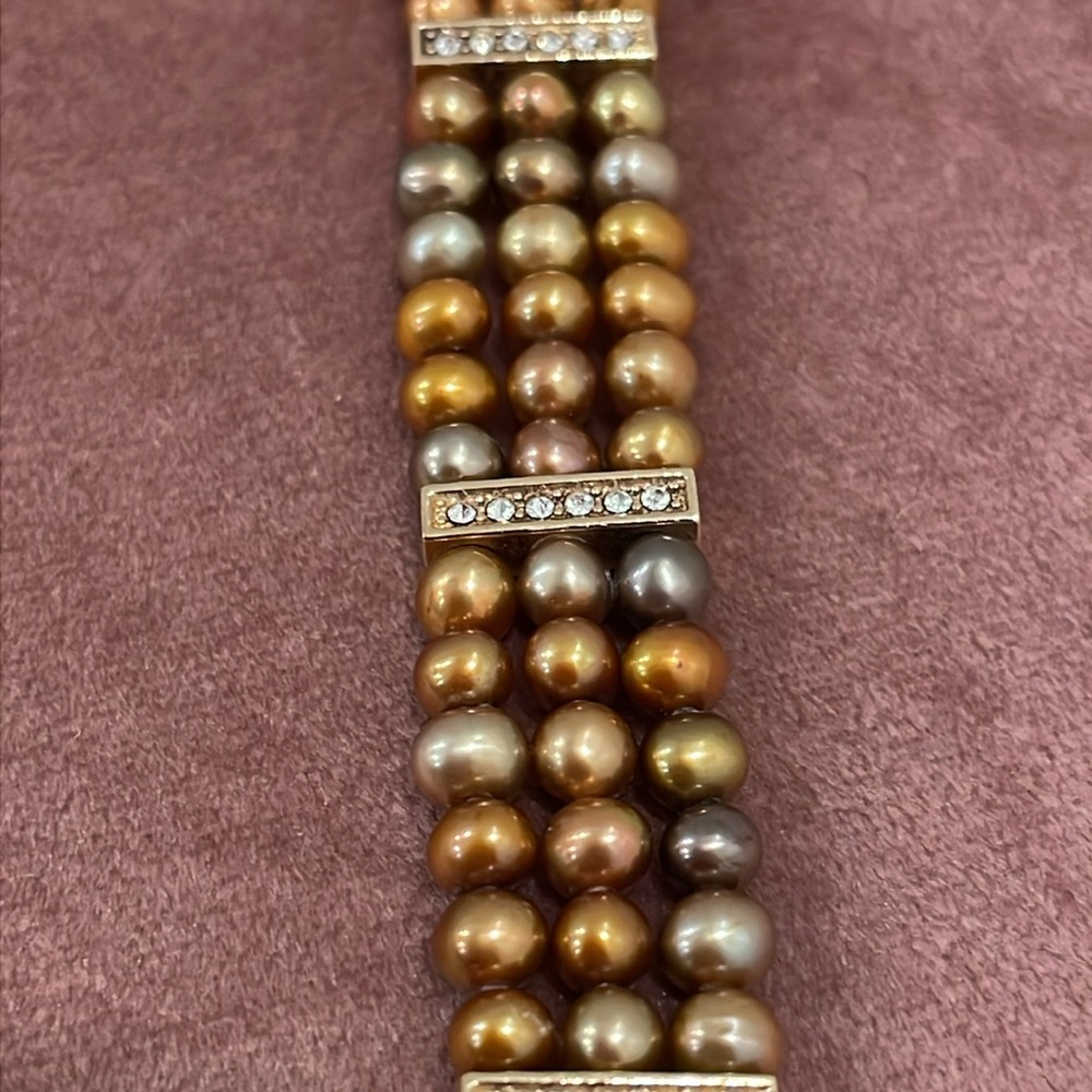 Gold Tone Three Strand Bracelet with Cultured Pearls and Rhinestones - Picture 6 of 16